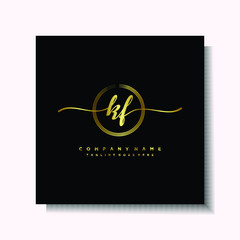 Initial KF Handwriting logo brush circle template is gold color. Handwriting logo minimalist Gold color luxury