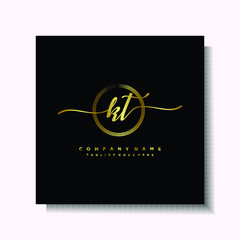 Initial KT Handwriting logo brush circle template is gold color. Handwriting logo minimalist Gold color luxury