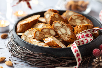 Christmas baking concept - homemade Italian biscotti with chestnut flour and almonds
