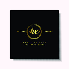Initial KX Handwriting logo brush circle template is gold color. Handwriting logo minimalist Gold color luxury