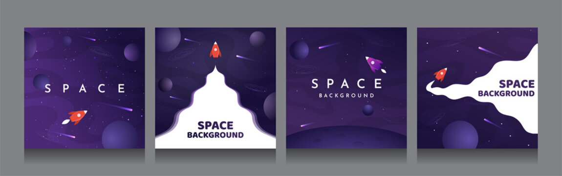 Vector illustration in abstract flat style. Minimalistic color space. Space exploration concept. Posters with copy space for text. Set of violet backgrounds. Square social media templates