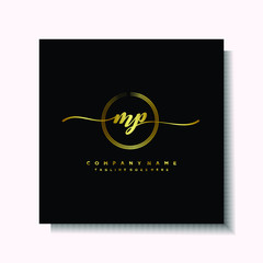 Initial MP Handwriting logo brush circle template is gold color. Handwriting logo minimalist Gold color luxury