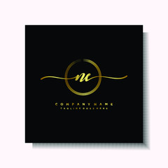 Initial NE Handwriting logo brush circle template is gold color. Handwriting logo minimalist Gold color luxury