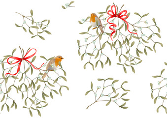 Seamless pattern, background. Mistletoe, Robin bird and ribbon. Colored vector illustration