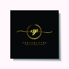 Initial NP Handwriting logo brush circle template is gold color. Handwriting logo minimalist Gold color luxury