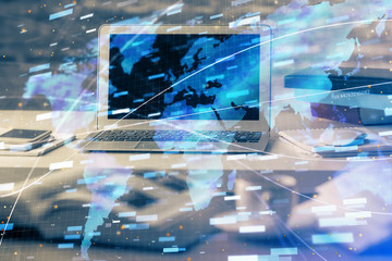Technology theme drawing and table with computer. Multi exposure. Concept of information.