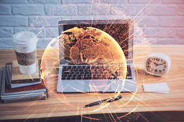 Computer on desktop with social network theme icon. Multi exposure. Concept of international...