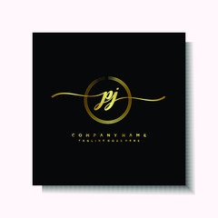 Initial PJ Handwriting logo brush circle template is gold color. Handwriting logo minimalist Gold color luxury