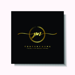 Initial PN Handwriting logo brush circle template is gold color. Handwriting logo minimalist Gold color luxury