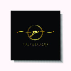 Initial PO Handwriting logo brush circle template is gold color. Handwriting logo minimalist Gold color luxury