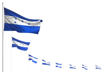 Obraz premium beautiful Honduras isolated flags placed diagonal, picture with bokeh and space for your text - any celebration flag 3d illustration..
