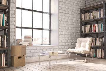 Fototapeta Bookshelves,Loft style interior, wooden floor with  big window obraz