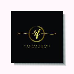 Initial RF Handwriting logo brush circle template is gold color. Handwriting logo minimalist Gold color luxury