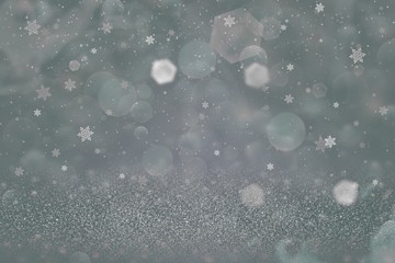 cute shiny glitter lights defocused bokeh abstract background and falling snow flakes fly, festal mockup texture with blank space for your content