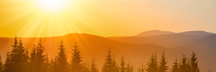 Panorama of sunset in the mountains landscape with forest and big shining sun