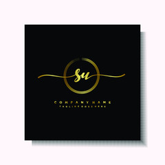 Initial SU Handwriting logo brush circle template is gold color. Handwriting logo minimalist Gold color luxury