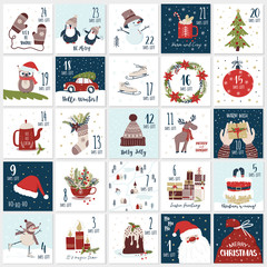 Fototapeta premium Christmas cartoon advent calendar. Countdown till Christmas kit