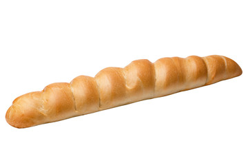 Long baguette isolated on white background.Сlose-up.Loaf of white bread.
