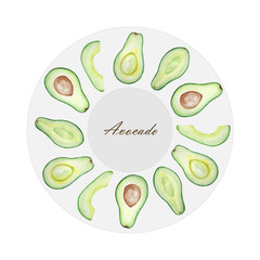 Watercolor round frame of avocado on the plate.