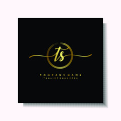 Initial TS Handwriting logo brush circle template is gold color. Handwriting logo minimalist Gold color luxury