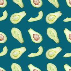 Watercolor seamless pattern of avocado slices on blue  background