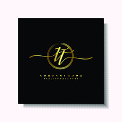 Initial TT Handwriting logo brush circle template is gold color. Handwriting logo minimalist Gold color luxury