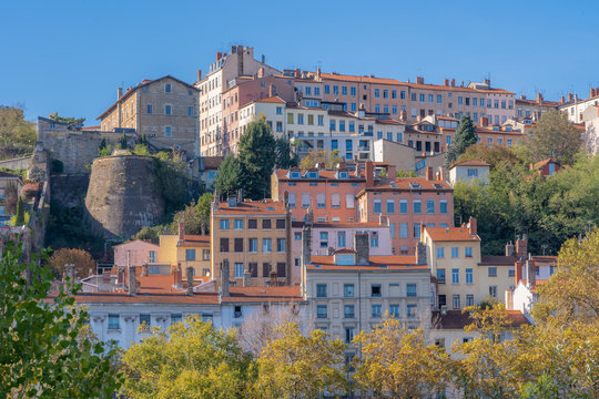 Lyon, France - 10 26 2019: The Croix-Rousse district from the banks of the Rh&ocirc;ne