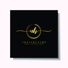 Initial UH Handwriting logo brush circle template is gold color. Handwriting logo minimalist Gold color luxury