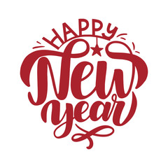 Happy New Year handlettering in the shape of christmas ball. New Year celebration composition. Happy new year template for card, invitation, label. Vector EPS 10