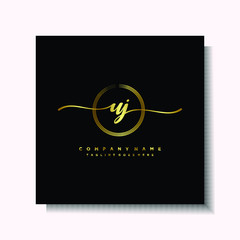 Initial UJ Handwriting logo brush circle template is gold color. Handwriting logo minimalist Gold color luxury