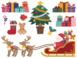 クリスマスのイラストセット　ソリを引くトナカイとサンタクロースとツリーとプレゼント