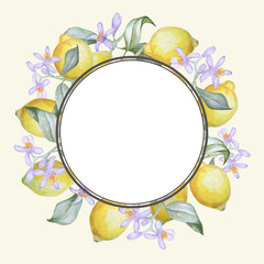 Watercolor vintage round frame of lemons and blossom branches