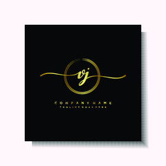 Initial VJ Handwriting logo brush circle template is gold color. Handwriting logo minimalist Gold color luxury