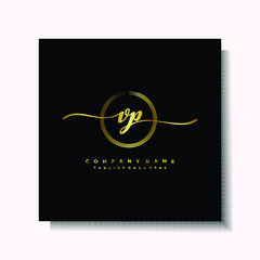 Initial VP Handwriting logo brush circle template is gold color. Handwriting logo minimalist Gold color luxury