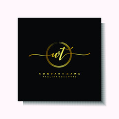 Initial WT Handwriting logo brush circle template is gold color. Handwriting logo minimalist Gold color luxury