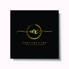 Initial WX Handwriting logo brush circle template is gold color. Handwriting logo minimalist Gold color luxury