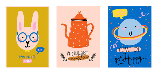 Fototapeta premium Cute scandinavian characters set including trendy quotes and cool decorative hand drawn elements.