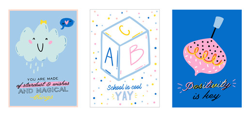 Cute scandinavian characters set including trendy quotes and cool decorative hand drawn elements.