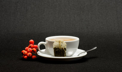 Herbal tea. Cafe restaurant menu. Health care folk remedies. Drink aromatic beverage. Cup of tea on black background close up. Gourmet delicious taste. Ceramic cup hot fresh brewed tea beverage