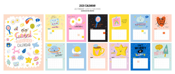 Happy Birthday wall calendar. 2020 Yearly Planner have all Months. - obrazy, fototapety, plakaty