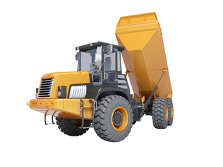 Dump truck with trailer unloading 3d rendering on white background no shadow