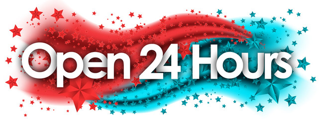 Open 24 Hours words in stars colored background
