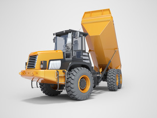 Dump truck with trailer unloading 3d rendering on gray background with shadow