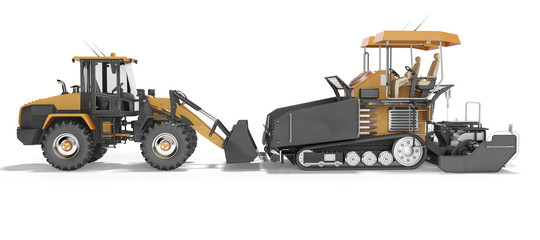 Concept road construction machinery paver construction wheeled tractor 3d rendering on white background with shadow