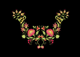 Tradition mughal motif, fantasy flowers in retro, vintage style. Element for design. Embroidery imitation. Vector illustration. Isolated on black background