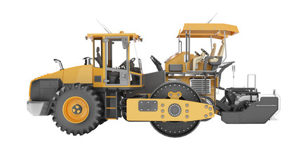 Concept road construction equipment for road works asphalt paver construction roller 3d rendering on white background no shadow