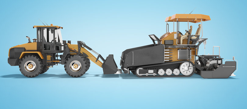 Concept road construction machinery paver construction wheeled tractor 3d rendering on blue background with shadow