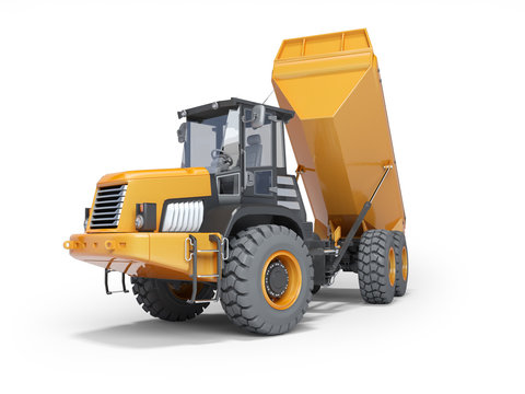 Dump truck with trailer unloading 3d rendering on white background with shadow