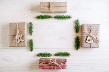 Christmas round, square, rectangular, heart-shaped frame with tree branches, winter things. New Year's Decoration