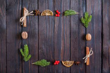 Christmas round, square, rectangular, heart-shaped frame with tree branches, winter things. New Year's Decoration